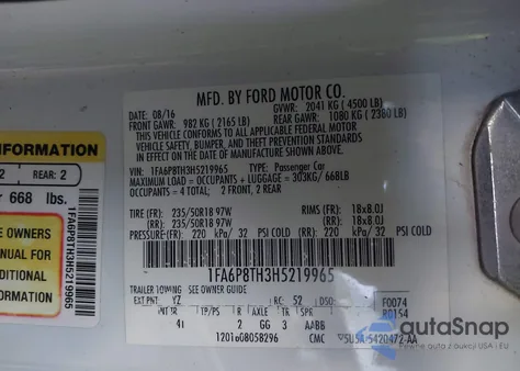 2017 Ford Mustang Ecoboost z USA, uszkodzony, nr VIN 1FA6P8TH3H5219965